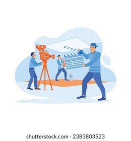  Camera assistant holding clapperboard. The cameraman takes a video shot of a model playing a musical instrument in the studio. Video Editor concept. trend modern vector flat illustration