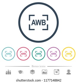 Camera auto white balance mode flat color icons in round outlines. 6 bonus icons included.