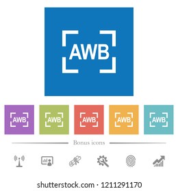 Camera auto white balance mode flat white icons in square backgrounds. 6 bonus icons included.