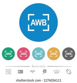 Camera auto white balance mode flat white icons on round color backgrounds. 6 bonus icons included.