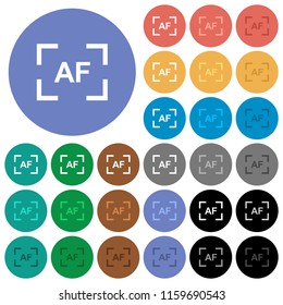 Camera autofocus mode multi colored flat icons on round backgrounds. Included white, light and dark icon variations for hover and active status effects, and bonus shades on black backgounds.