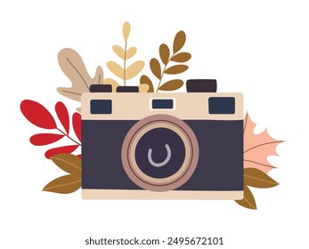 Camera with autumn forest leaves isolated on white background. Seasonal Autumn vibes design for greeting cards, web or poster