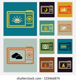 Camera back scene icons set vintage color, Vector illustration internet design elements 10 eps
