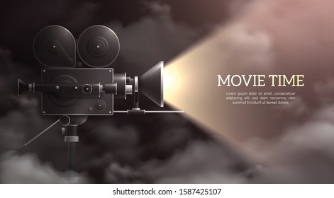 Camera background with composition of realistic dark sky and professional camera with light on and text vector illustration