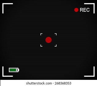 Camera background, Camera Viewfinder with cross hair, target mark, rec label and battery level indicator. With scanlines and red dot at center.