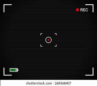 Camera background, Camera Viewfinder with cross hair, target mark, rec label and battery level indicator. With scanlines and red dot at center.