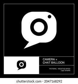 Plantilla de logotipo de imágenes de chat de cámara y globo, estilo de espacio negativo.