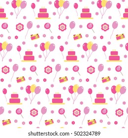 camera; balloon; flower; cake; seamless; celebration; background; party; food; object; pink; pattern; birthday