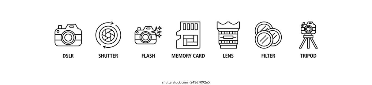 Camera banner web icon set vector illustration concept with icon of dslr, shutter, flash, memory card, lens, filter, tripod