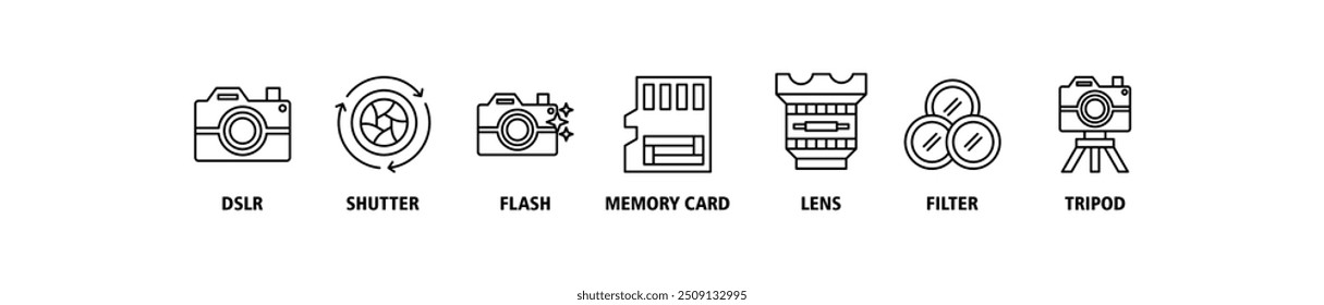 Concepto de Ilustración vectorial del conjunto del icono del Web del Anuncio de la cámara con el icono de DSLR, obturador, flash, tarjeta de memoria, lente, Filtrar, fondo del símbolo de los iconos del trípode