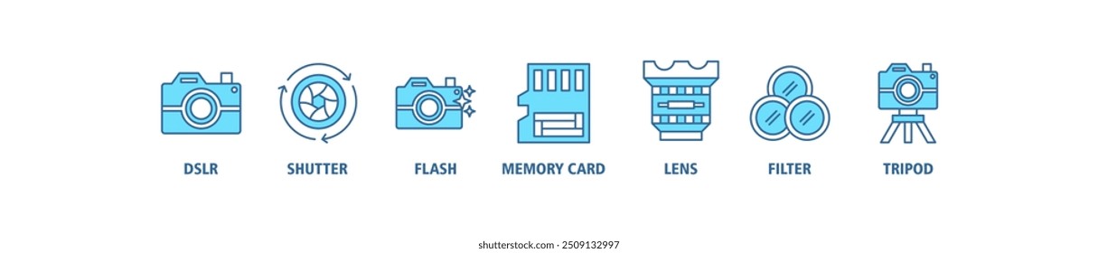 Concepto de Ilustración vectorial del conjunto del icono del Web del Anuncio de la cámara con el icono de DSLR, obturador, flash, tarjeta de memoria, lente, Filtrar, fondo del símbolo de los iconos del trípode