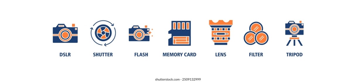 Concepto de Ilustración vectorial del conjunto del icono del Web del Anuncio de la cámara con el icono de DSLR, obturador, flash, tarjeta de memoria, lente, Filtrar, fondo del símbolo de los iconos del trípode