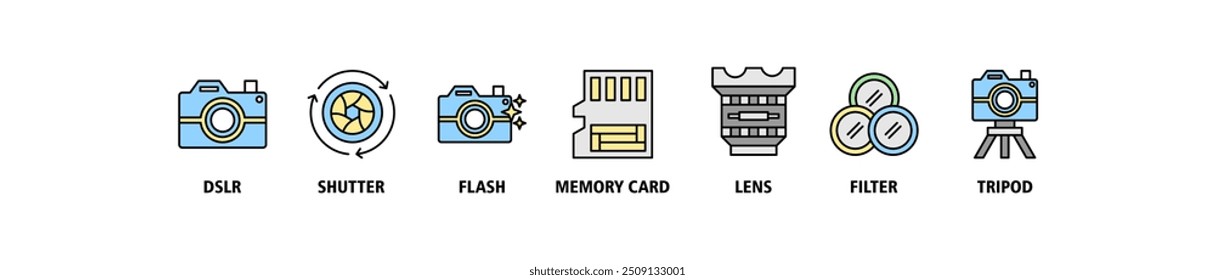 Concepto de Ilustración vectorial del conjunto del icono del Web del Anuncio de la cámara con el icono de DSLR, obturador, flash, tarjeta de memoria, lente, Filtrar, fondo del símbolo de los iconos del trípode