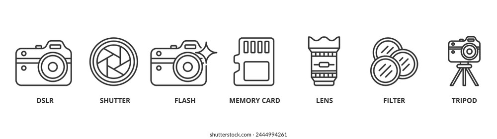 Camera banner web icon vector illustration concept with icon of dslr, shutter, flash, memory card, lens, filter, tripod