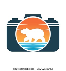CAMERA BEAR ANIMAL silhouette logo on sunset background