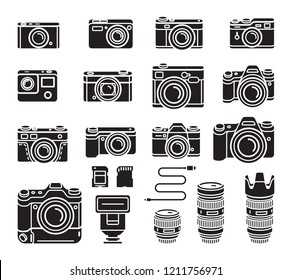 Camera black icons set. Vector illustration.