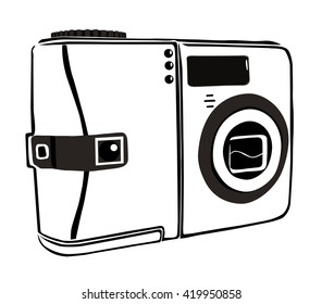  Camera. Black painted outline of a camera on a white background. Vector illustration. Isolated object.