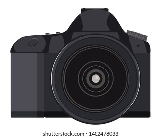 Camera, black,  professional. View from the front.