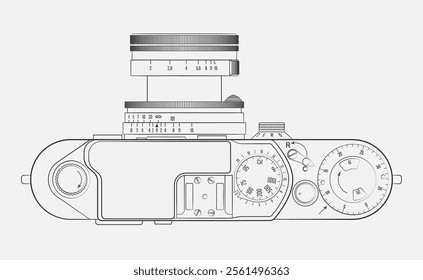 Camera black and white drawing. Vector illustration. Sketch for creativity.