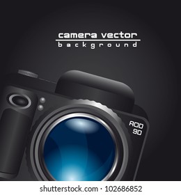 camera with blue lens with space for copy over black background. vector
