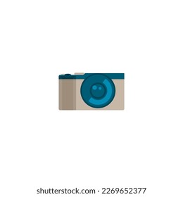 A camera with a blue lens and a white background.