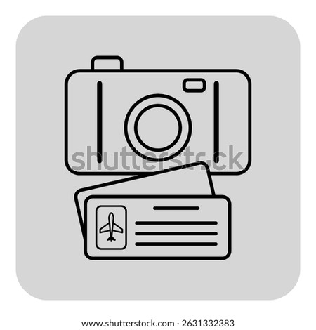 Camera and boarding passes ready for journey. Excitement of capturing moments while traveling. Adventure and exploration concept