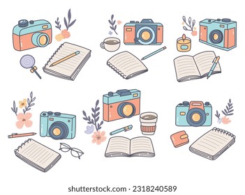 camera and book concept art in vintage style illustration