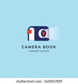 Camera book modern logo with sheet and light shoot. premium vector