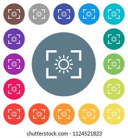 Camera brightness setting flat white icons on round color backgrounds. 17 background color variations are included.