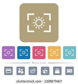 Camera brightness setting white flat icons on color rounded square backgrounds. 6 bonus icons included