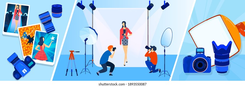 Camera broadcast, reporter, tv photographer, cameraman vector illustrations banners set. News, press or journalism. Mass media and broadcasting. Broadcaster in television studio.