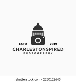 camera with building logo design vector silhouette illustration
