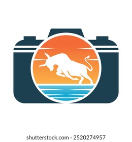 CAMERA BULL  ANIMAL silhouette logo on sunset background