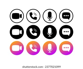 Camera, call, microphone, message icons. Different styles, Icons for camera, call, microphone, message. Vector icons