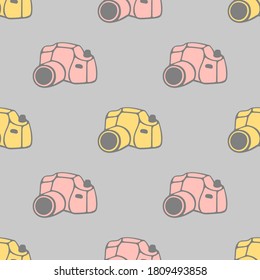 camera canon pattern, Professional DSLR pattern textura. Hand drawn vintage photo camera print,  Cute seamless pattern with camera, retro background, retro camera, photograph seamless 