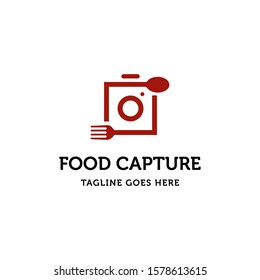 camera capture photography with food fork and spoon logo icon vector template