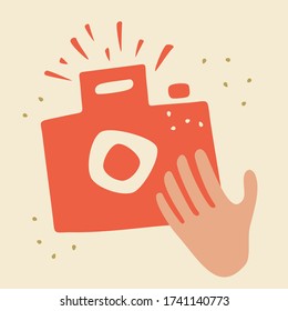 Camera cartoon icon. Vector hand drawn doodle sign button, photo symbol for social media networks. 