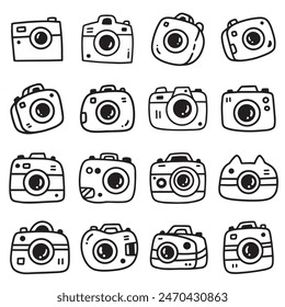 camera cartoon outline cute line doodle icon set