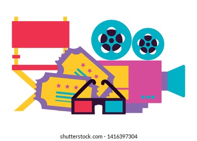 camera chair tickets 3d glasses cinema movie vector illustration 