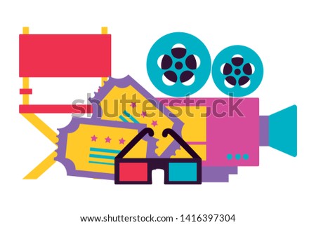 camera chair tickets 3d glasses cinema movie vector illustration 