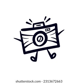 Camera character fun cartoon doodle hand drawn. Photography line drawing logo vector illustration