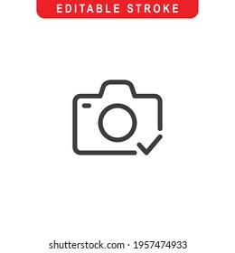 Camera with Checkmark Outline Icon. Verified Camera Line Art Logo. Vector Illustration. Isolated on White Background. Editable Stroke
