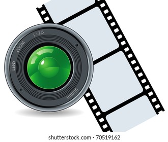 Camera and cinefilm on a white background