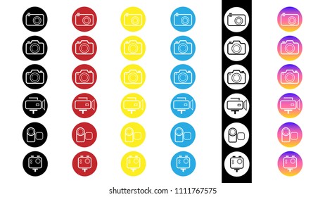 Camera with Circle Background, Black Red Yellow Blue White and Shade Icon Vector Set