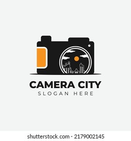 Cámara con edificio de ciudad, logo diseño símbolo vectorial ilustración icono idea creativa