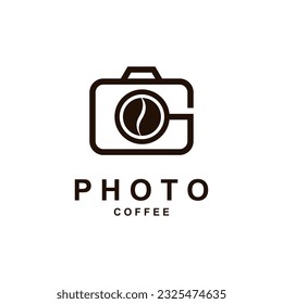Camera with coffee icon. Design logo template for photography.