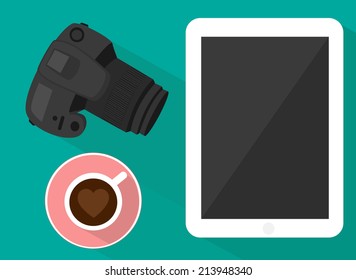 Camera coffee and tablet. Flat design vector.