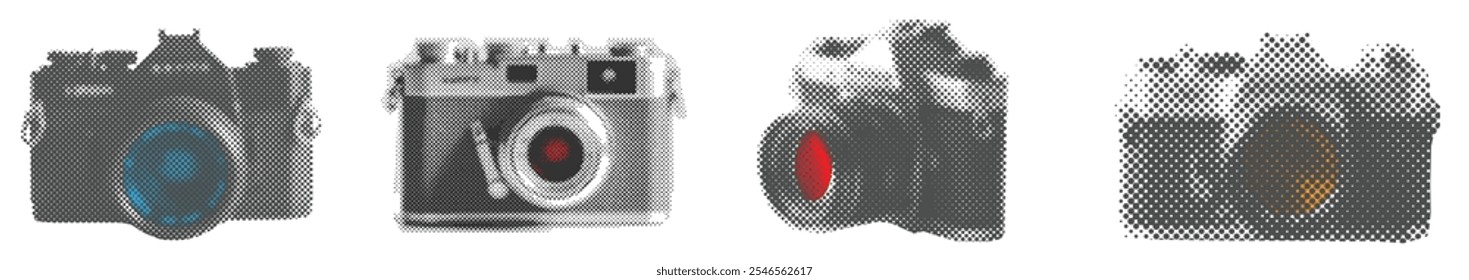 Camera collage pop art. A set of vintage camera in halftone style.