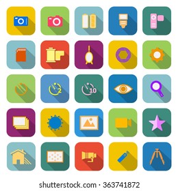 Camera color icons with long shadow on white background