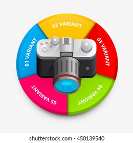 Camera colorful circle infographics. Camera icon 3d. Vector infographic illustration